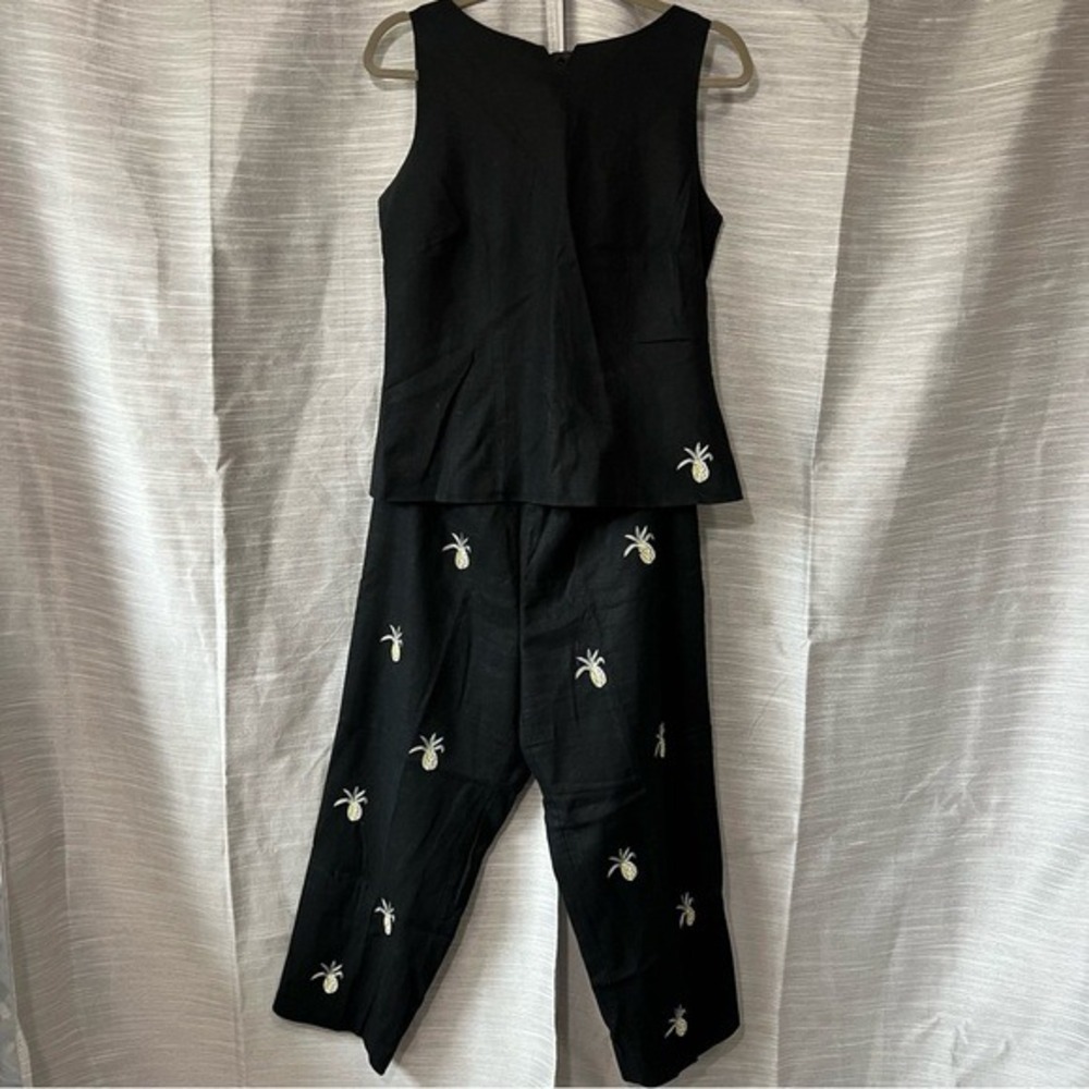 Nicole Studio Black Linen Two Piece Set Tank Top Cropped Pants Pineapple Size 12